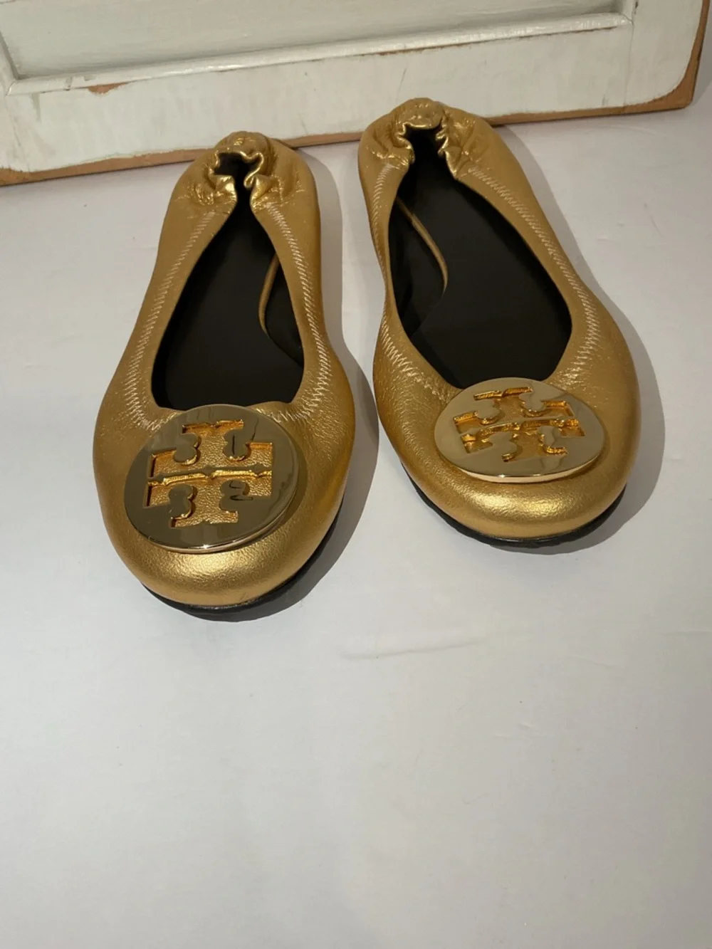 Tory Burch Metallic Gold Logo Ballet Flats